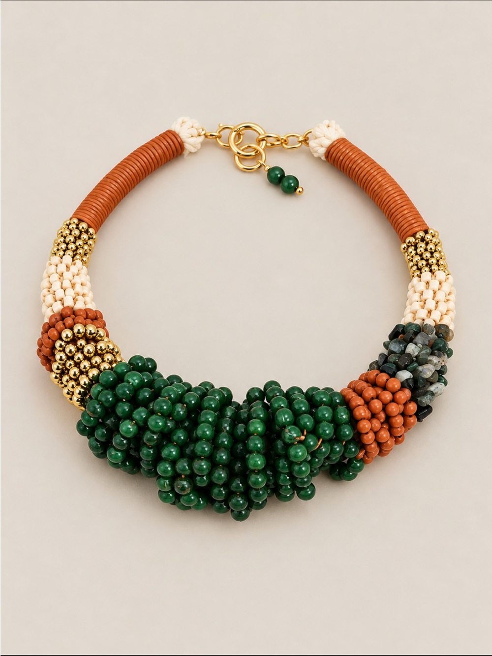 New! Green Orange Beaded Boho Neutral Fall Statement Necklace NWOT